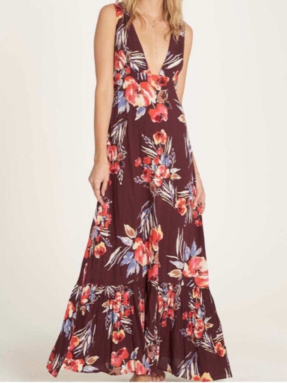 Billabong Floral Open Back Maxi Dress | Boho Tie Back | Burgundy | Size Small